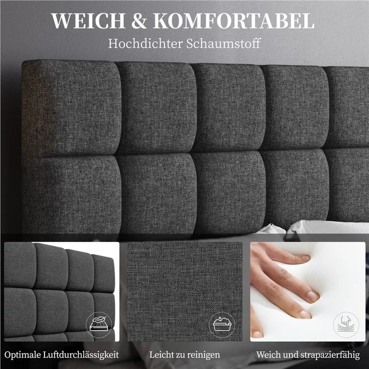 Yaheetech Polsterbett, 160x200 cm, mit höhenverstellbarem Kopfteil und Lattenrost, Dunkelgrau – Bild 6