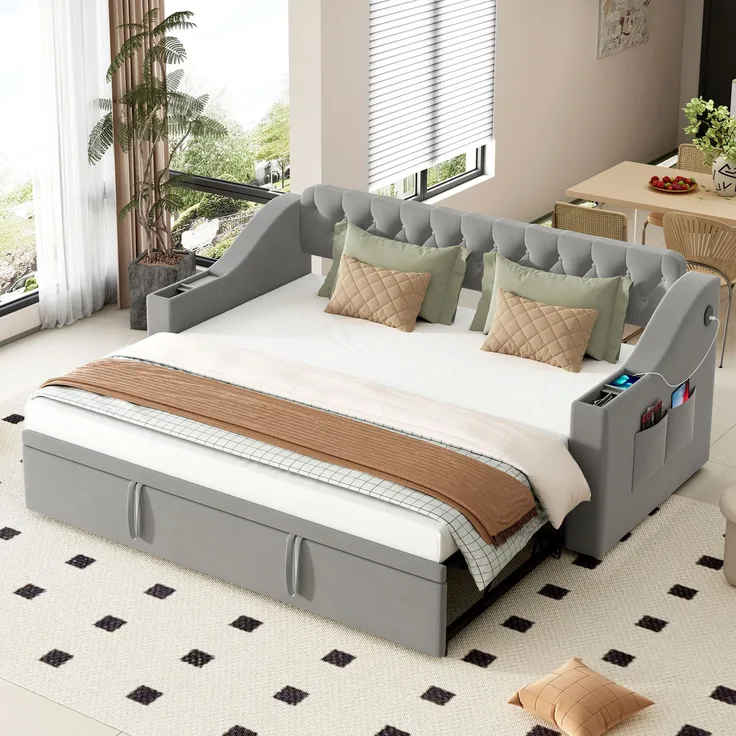 Polsterbett Ausziehbett 90/180x190 cm ohne Matratze, Samt in Grau, mit USB-Anschluss, Stauraum-Armlehnen und Lattenrost