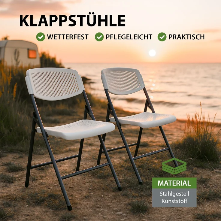 2x Klappstuhl 150 kg ergonomische Sitzform Gartenstuhl wetterfest Campingstuhl Balkonstuhl in weiß – Bild 2