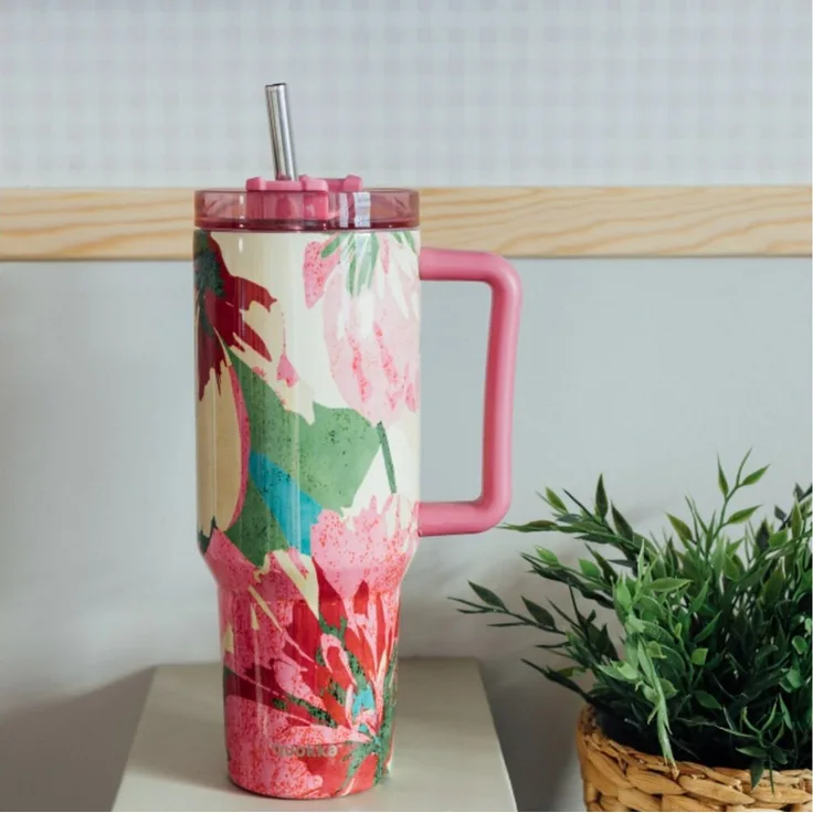 Isolierte Edelstahl-Trinkflasche mit Griff und Strohhalm, doppelwandig 0,95 L Pink Flambé
