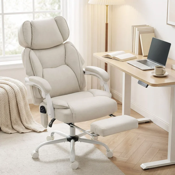 MELAYR, Hochlehner-Bürostuhl mit Vibrationsmassage und Heizung, ergonomisch, neigbar, 70 x 75.5 x 122.5 cm, Cremeweiß – Bild 4