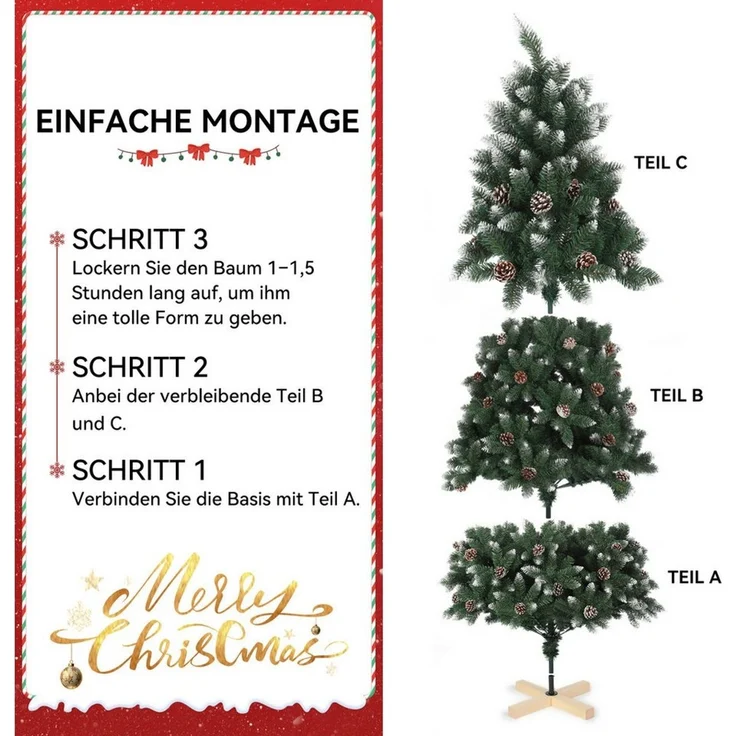 oyajia Künstlicher Weihnachtsbaum Künstlicher Weihnachtsbaum aus PVC,mit Schnee-Effekt, Holzständer, Christbaum Künstlich, Schwer entflammbarer Tannenbaum Künstlich, 1400 Zweige, 35 Zapfen – Bild 2