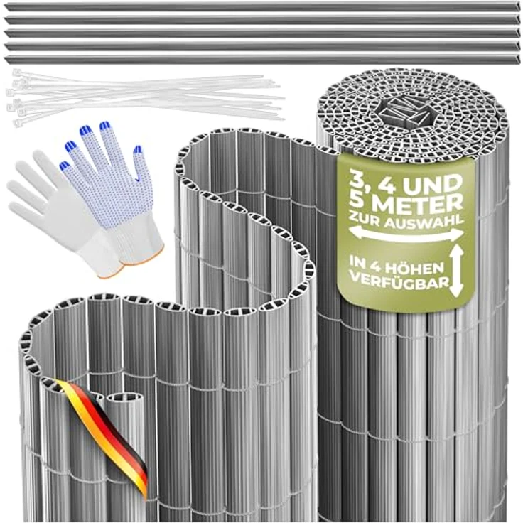 KESSER® PVC Sichtschutzmatte Sichtschutzzaun 80x400cm Balkonverkleidung Windschutz verstärkte Lamellen für Garten Balkon & Terrasse Balkonumrandung inkl Kabelbindern, Abdeckung & Handschuhe Hellgrau – Bild 1