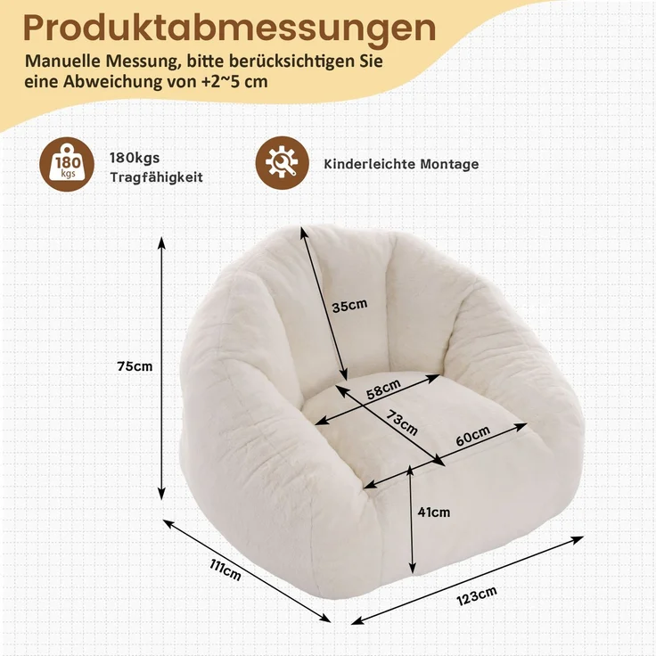 Sitzsack für Erwachsene, flauschiger Loungesessel aus Kunstfell, vakuumverpackt und montagefrei, für Wohnzimmer, Schlafzimmer, Balkon - Groß(Cremefarben)--Weiß--111x123x75cm--YOUDENOVA – Bild 3