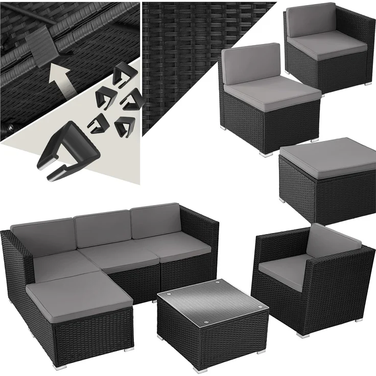 tectake® Poly Rattan Lounge, Outdoor Gartenmöbel Set mit Sofa, Sessel, Hocker und Tisch, variabel kombinierbar, Möbel wetterfest für 4-5 Personen, Balkonmöbel, Gartenlounge, Terrassenmöbel - schwarz – Bild 1
