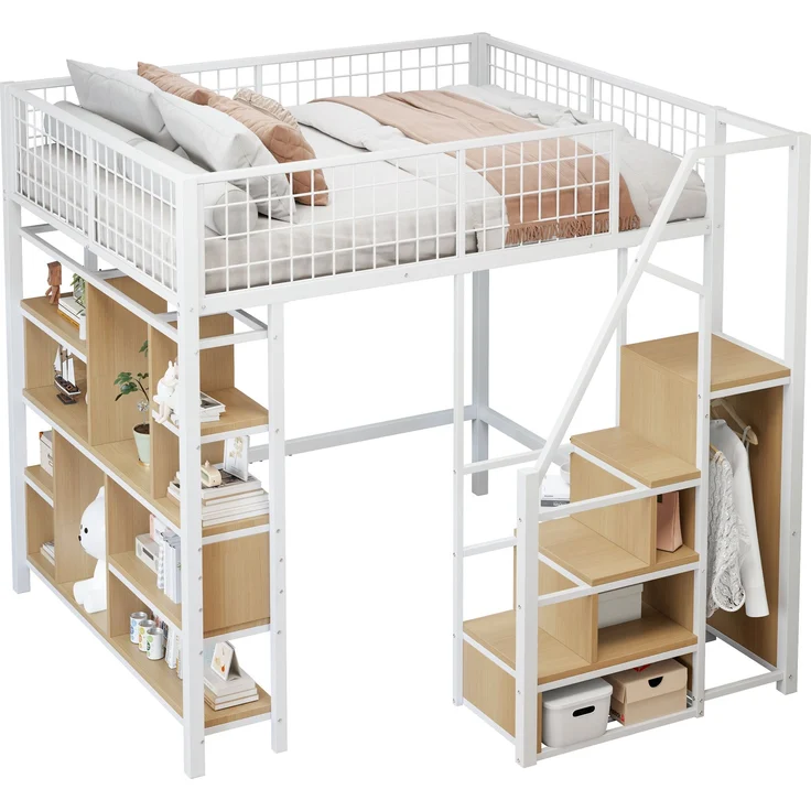 Multifunktionales Hochbett 140x200 cm aus Metall mit Stauraum und Treppe – weiß – Bild 6