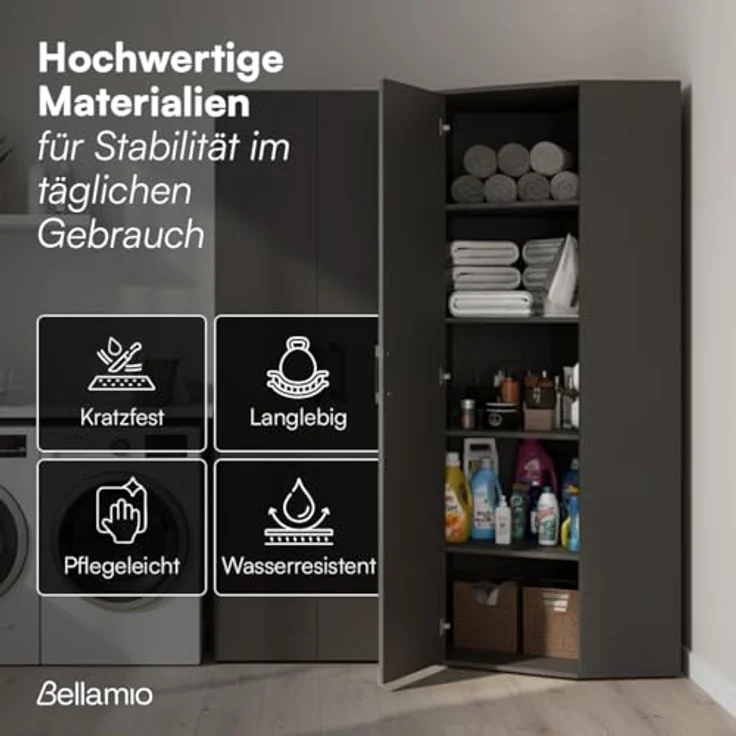 Bellamio Apol Eckschrank schwarz – großer Mehrzweckschrank – Allzweckschrank aus Holz – Haushaltsschrank mit 5 Fächern – Aktenschrank für Flur/Küche/Büro – Putzschrank – Aufbewahrungsschrank – Bild 6