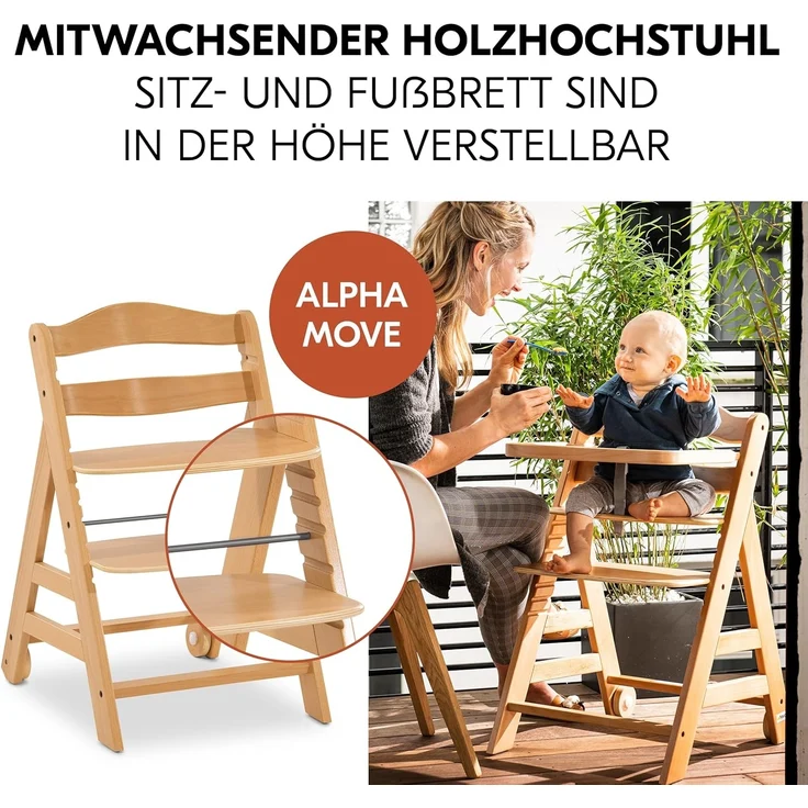Hauck Hochstuhl Set Alpha Plus Move inkl. Essbrett, Sitzkissen und 2x Babyteller Silikon - mitwachsender Holz Babystuhl / Kinderhochstuhl mit Rollen, Gurt und Tisch - Natur Beige – Bild 3