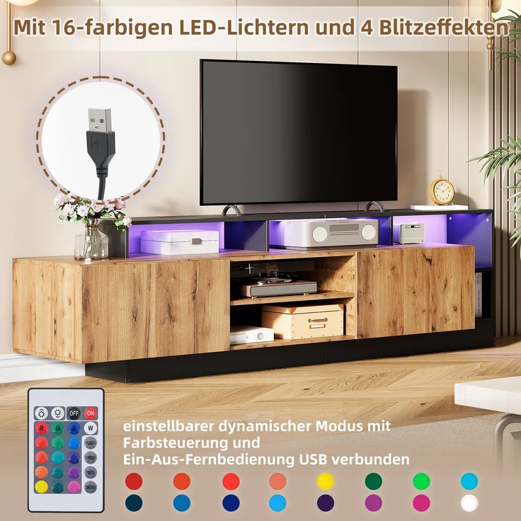 TV-Schrank in Holz & Schwarz,mit 2 herunterklappbare Türen, offene mittige Schubladen, LED-Fernbedienung 16 Farben 4 Modi – Bild 7