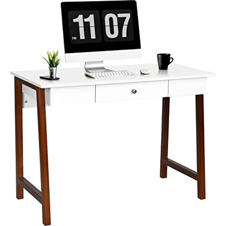 COSTWAY Schreibtisch mit Schublade, Computertisch Kautschuk Tischbeine 106x50x75,5cm, Schminktisch Bürotisch Hochglanz für Büro und Arbeitszimmer (Braun) – Bild 1