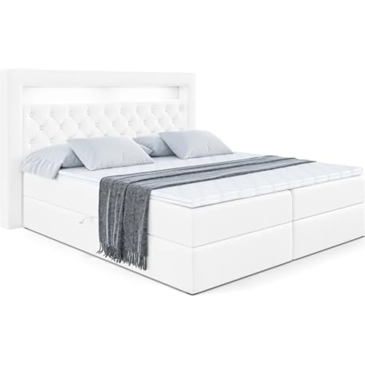 ALTDECOR Boxbett, Weiß Hochglanz, 200x200 cm, mit LED Licht, zwei Bettkästen, 21 cm hoch, Härtegrad H4, inklusive Topper und abnehmbaren Bezug – Bild 3