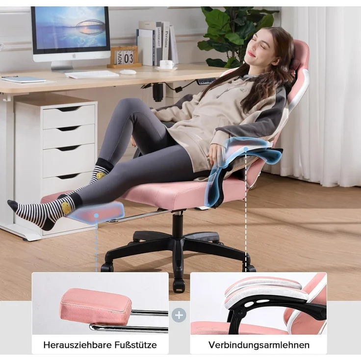 GTPLAYER Gaming Stuhl Ergonomischer Gaming Sessel Schreibtischstuhl mit Stoffoberfläche, Federsitzkissen, Verbindungsarmlehnen und Fußstütze ROSA – Bild 5