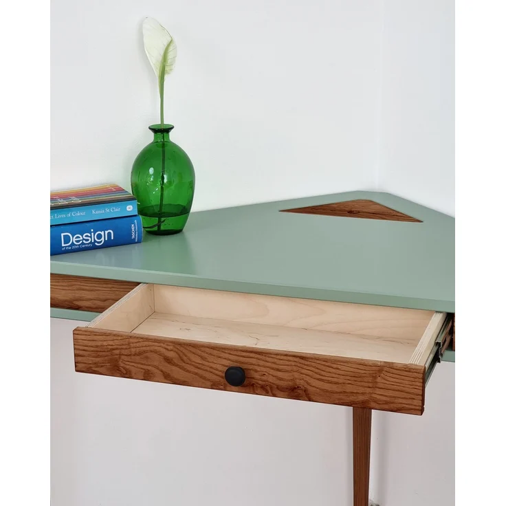 Ragaba Eckschreibtisch mit Schublade, MDF & Massives Eschenholz Eiche gebeizt, 114x61 cm, Salbei Grün – Bild 6