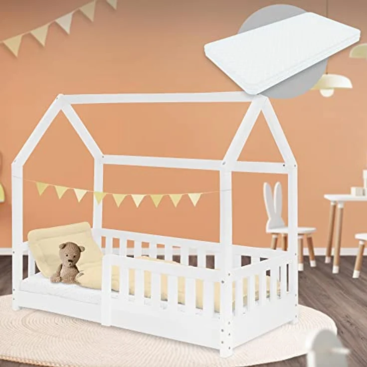 ML-DESIGN Kinderbett Hausbett Spielbett inkl. Lattenrost kreativ Bodenbett für Kinder, Abenteuerbett mit Rausfallschutz Spielbett Kiefer Weiß Himmelbett – Bild 2