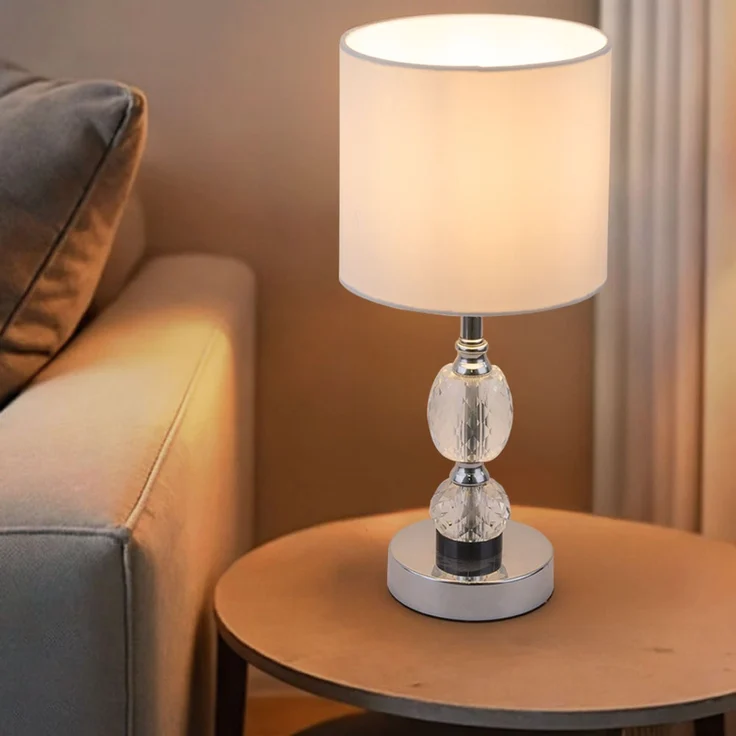 LED Tischleuchte, Kristallglas klar, Textil weiß – Bild 4