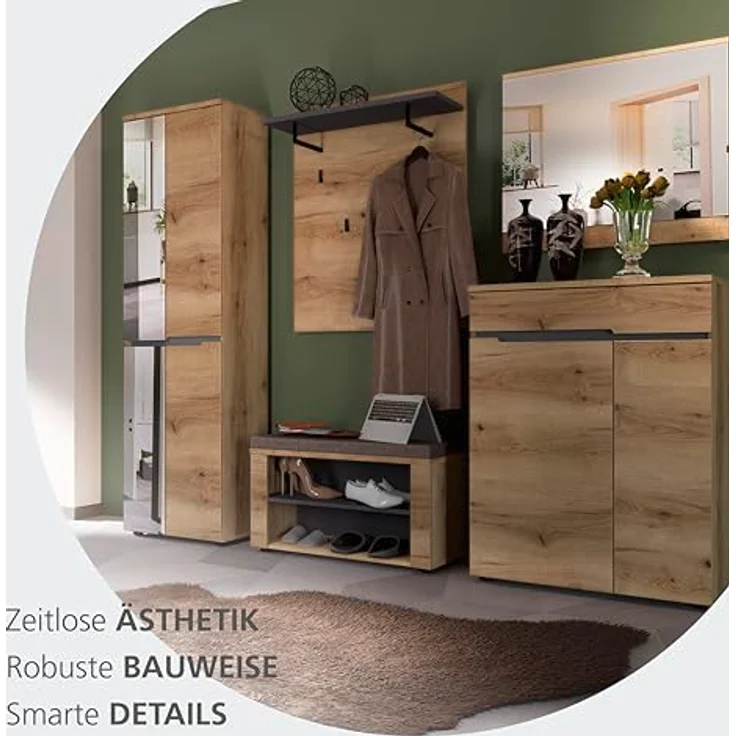 Fargo Sitzbank mit 2 offenen Fächern und Sitzkissen – FSC-Zertifiziert – Moderne Flurbank mit Stoffbezug in Graubraun meliert – 80 x 48 x 38 cm (B/H/T) – Bild 8