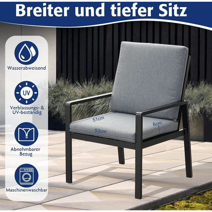 MeXo Gartenlounge-Set Lounge Gartenmöbelset Aluminium Wetterfest, (Garten Essgruppe für 6 Personen, 7-tlg, 6 Sessel, Esstisch 140x80x70 cm), 85 cm Rückenlehne, hoher Sitzkomfort – Bild 2