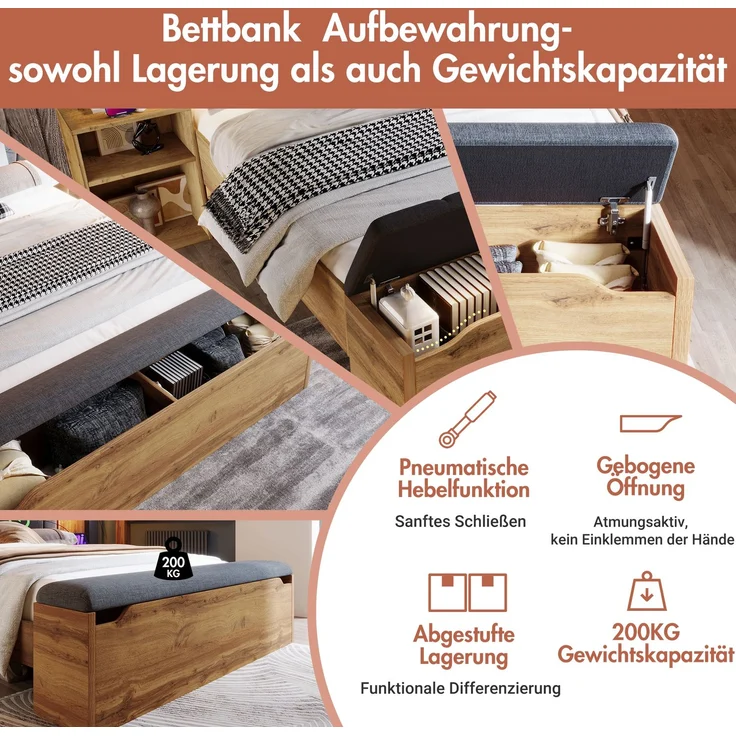 Rayofly-Doppelbett H 200cm x T 160cm x B 200cm, Holzbett mit klappbarem Kopfteil aus Leinenstoff, Stauraum, 2 Nachttische, Bettbank mit Stauraum, Leselampen mit USB, Lattenrost, Eiche, mit Matratze – Bild 4