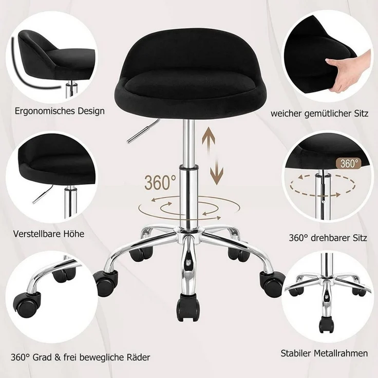WOLTU Bürohocker mit Rollen, Drehhocker höhenverstellbar, Rollrocker mit niedriger Rückenlehne, Arbeitshocker Schwarz, Sitzhöhe 43-54,5 cm BS127sz – Bild 4