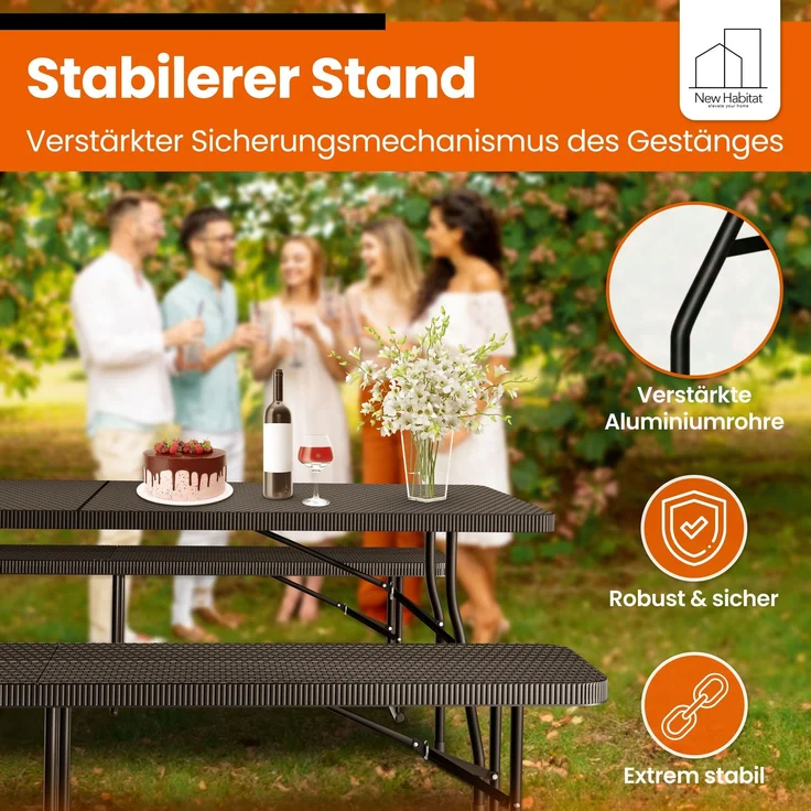 NewHabitat Bierzeltgarnitur 3-tlg., klappbar & wasserabweisend, Polyrattan, 1 Tisch & 2 Bänke – Bild 6
