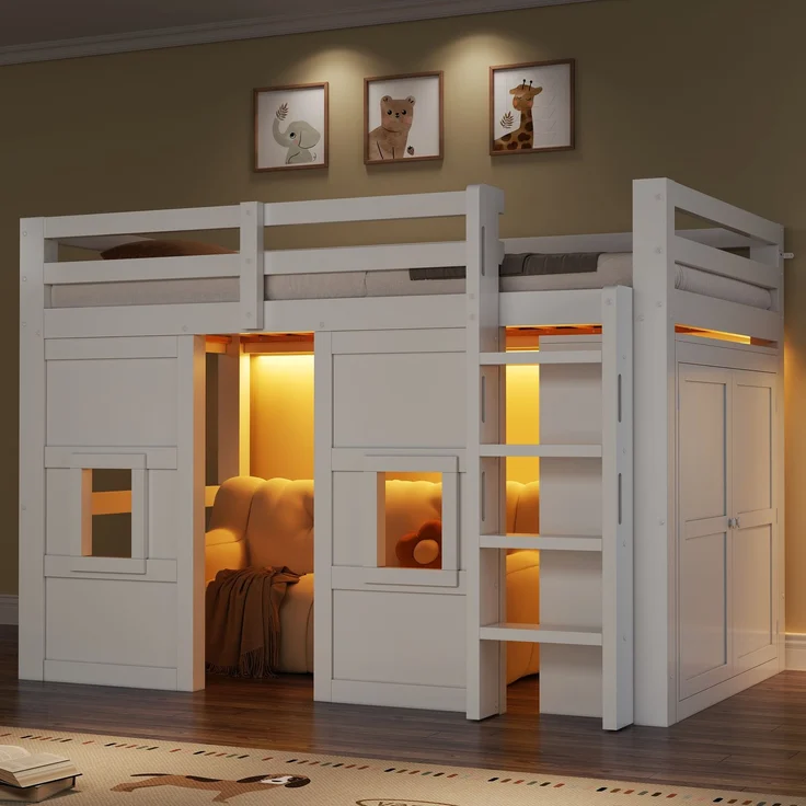 90 x 200 cm großes Hochbett aus Holz mit integriertem Kleiderschrank, 2 Fenstern und LED-Beleuchtung, weiß – Bild 3