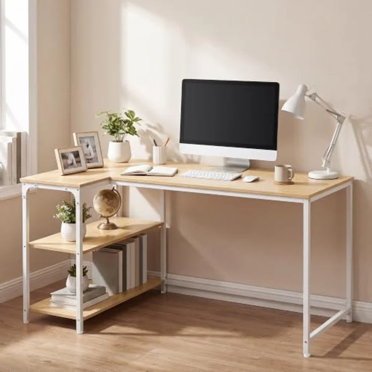 VASAGLE Eckschreibtisch in L-Form, Computertisch, 120 x 80 cm | mit Stauraum, höhenverstellbare Ablage, beidseitig montierbar, Natürliche Eiche und Mattweiss, BARNET Kollektion LWD136Y101 – Bild 7