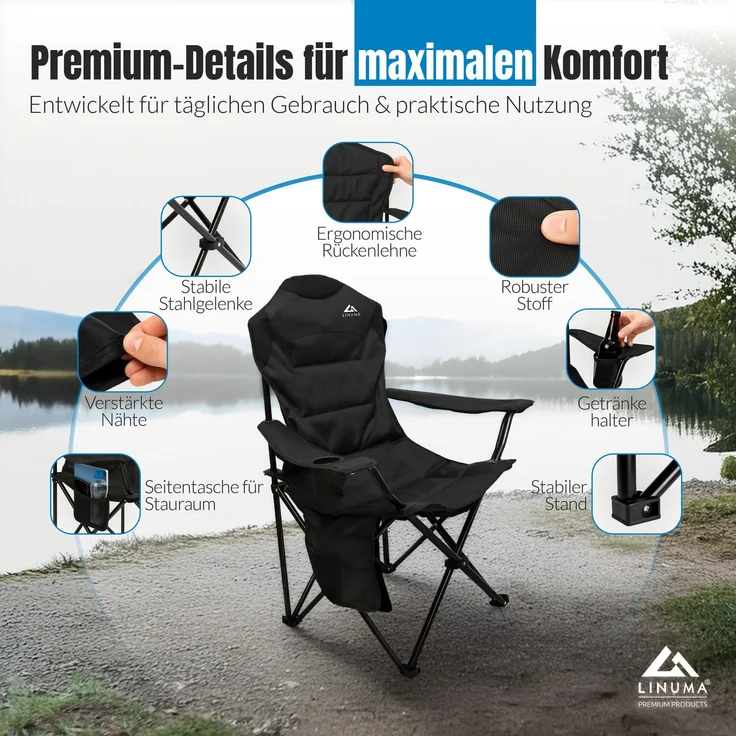 LINUMA® Luxus Faltstuhl PRO SCHWARZ Campingstuhl Anglerstuhl mit Getränkehalter & Tragetasche – Bild 3