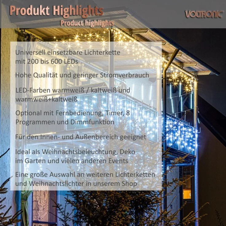 VOLTRONIC Eisregen Lichterkette, innen und außen, IP44, Größen- und Farbwahl, 200 LEDs, kaltweiß – Bild 6