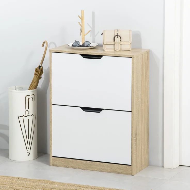 Platzsparender Schuhschrank „Slim“ mit 2 Schubladen für 8 Paar Schuhe, 62,5 x 26 x 81 cm, Holz und Weiß – Bild 4