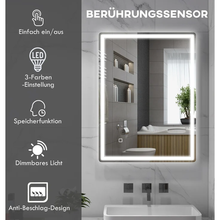 Badezimmerspiegel 60 x 80 x 4 cm mit LED-Beleuchtung, Antibeschlagfunktion und Touchsteuerung – Bild 6