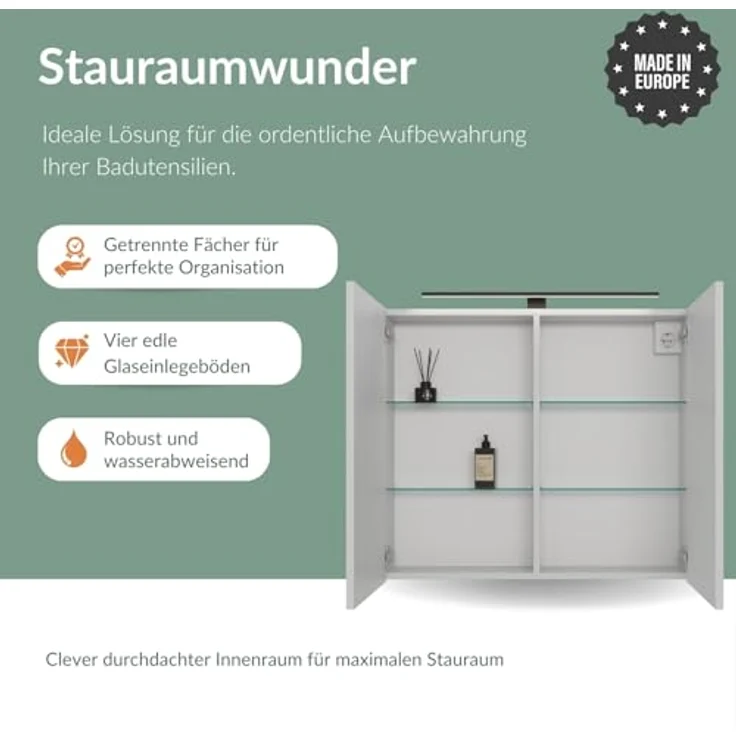 Planetmöbel ARIA Spiegelschrank Bad mit Beleuchtung 80 cm breit | Badschrank hängend mit Spiegel | Weiß Grau, mit Leuchte und Steckdose, Spiegelschrank Gäste WC 80 x 70 x 16 cm – Bild 5