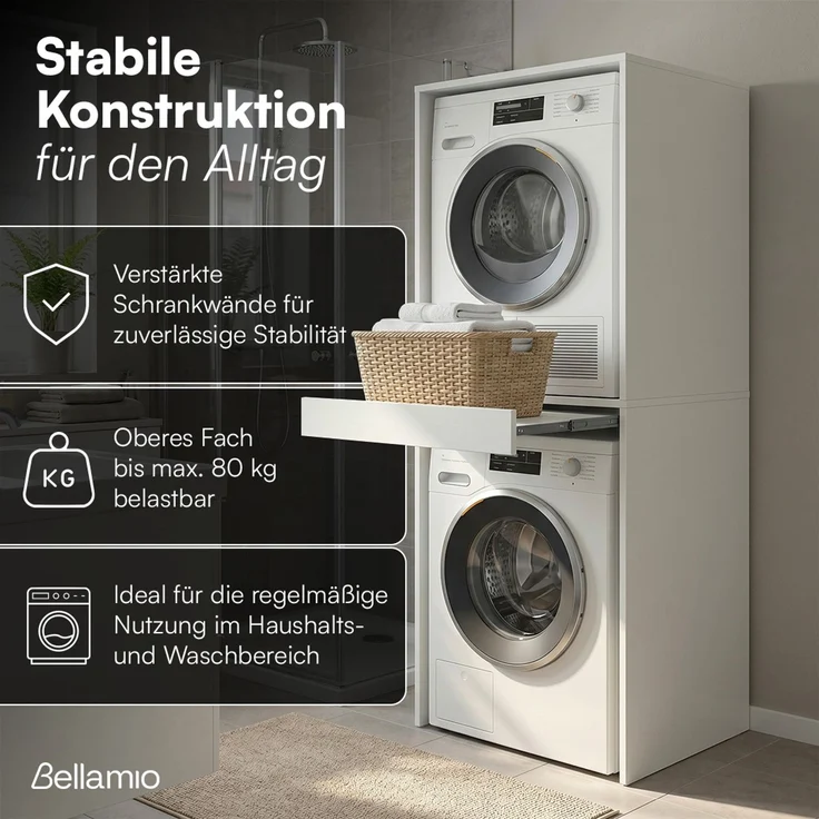 Bellamio 'Vist' Waschmaschinen Trockner Schrank mit Schublade, weiß, Waschturm mit ausziehbarer Ablagefläche, Hochschrank mit Wandanschluss – Bild 4