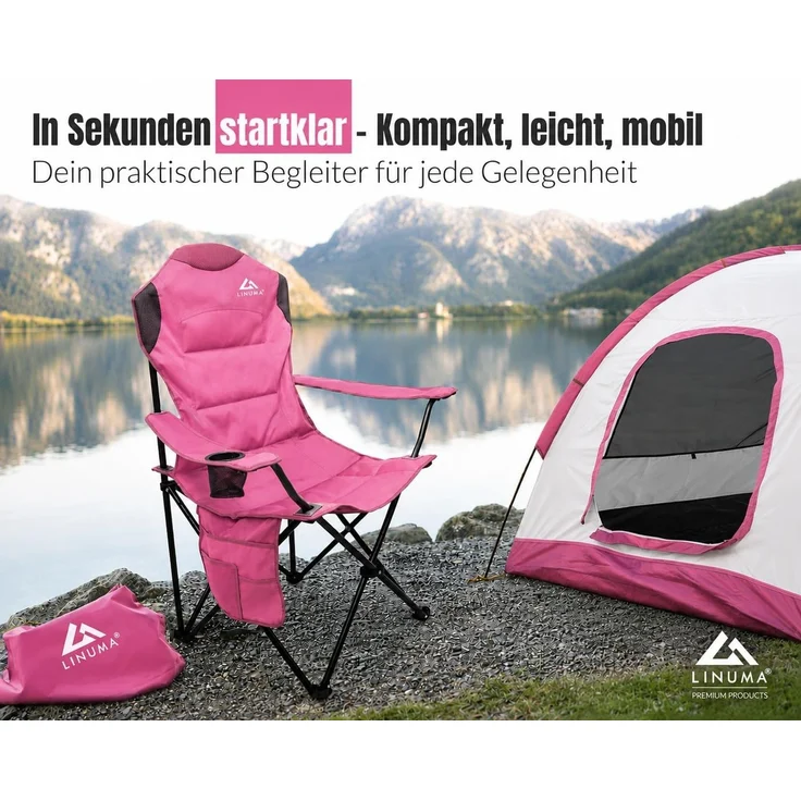 LINUMA® Luxus Faltstuhl PRO PINK Campingstuhl Anglerstuhl mit Getränkehalter & Tragetasche – Bild 4