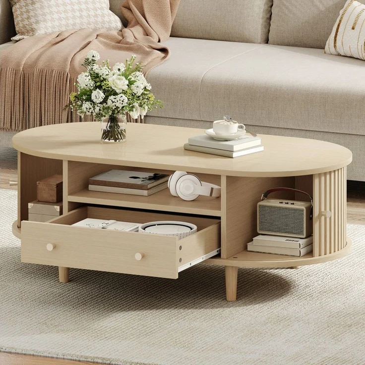 Merax Couchtisch Ovaler Kaffeetisch Sofatisch Beistelltisch (1-St), Wohnzimmertisch mit Schublade,Rolltüren & offenem Stauraum,100 x 50 x 36 cm – Bild 1