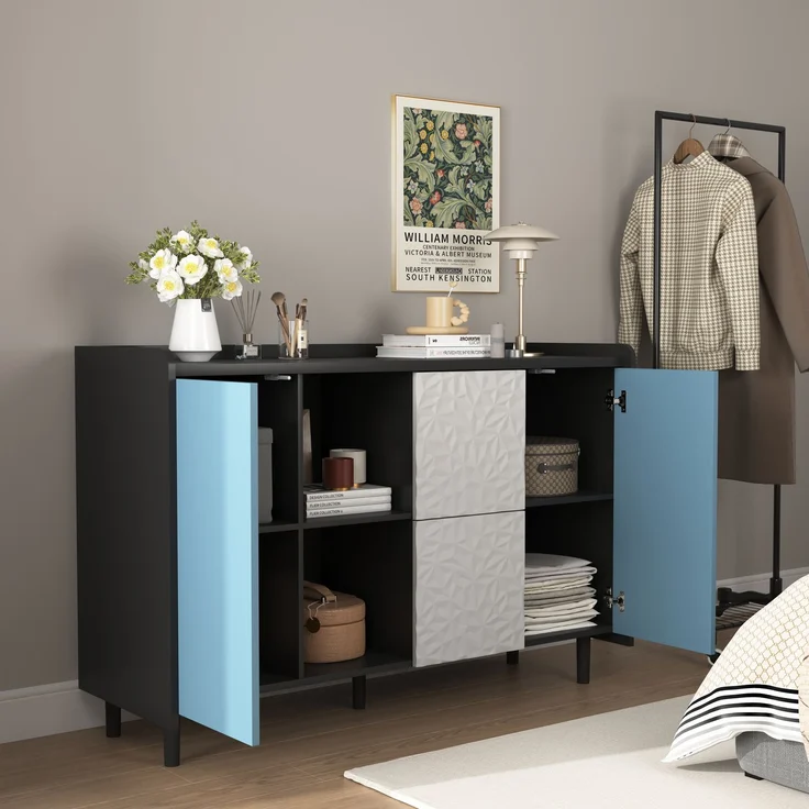 Schwarzes Sideboard-Buffetschrank mit blauen Türen – 2 Schubladen und offener Stauraum für Küche und Wohnzimmer – Bild 2