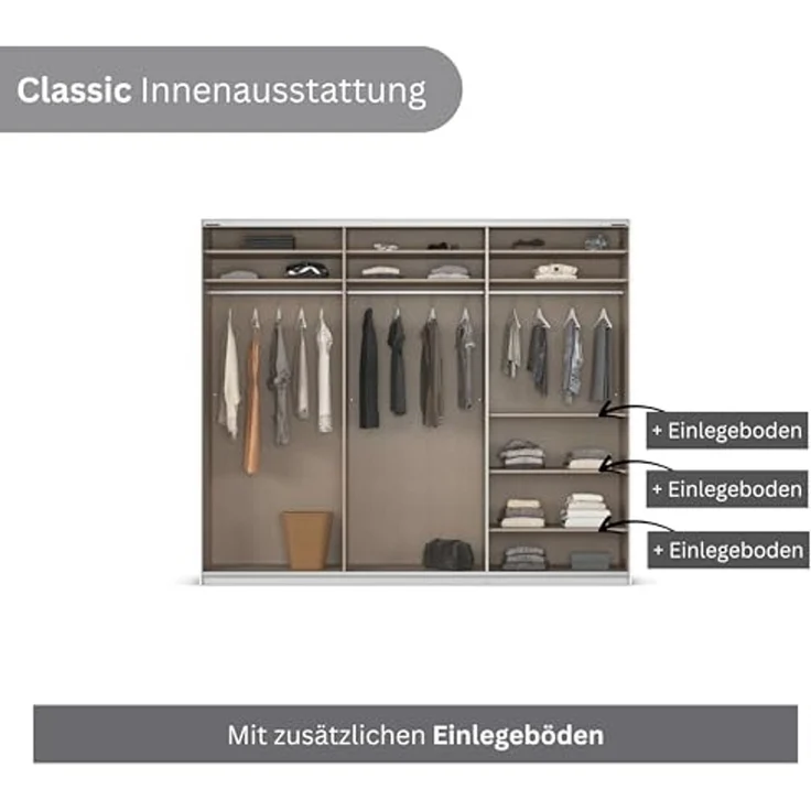 Rauch Möbel Kulmbach, Kleiderschrank mit Schwebetüren für Schlafzimmer, Kinderzimmer, Jugendzimmer, Garderobe, Flur, 3-türig, Zubehör Classic, Farbe Beige, Breite 271 cm – Bild 7