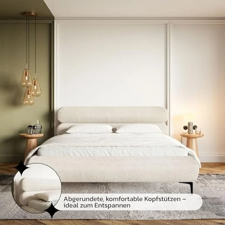 Selsey Polsterbett 140x200 cm Cord Hellbeige – Bett mit Stauraum und Bettkasten, gepolstertes Bett mit Lattenrost und Metallrahmen, Doppelbett Schlafzimmer mit schwarzen Füßen und Gasdruckfedern – Bild 6
