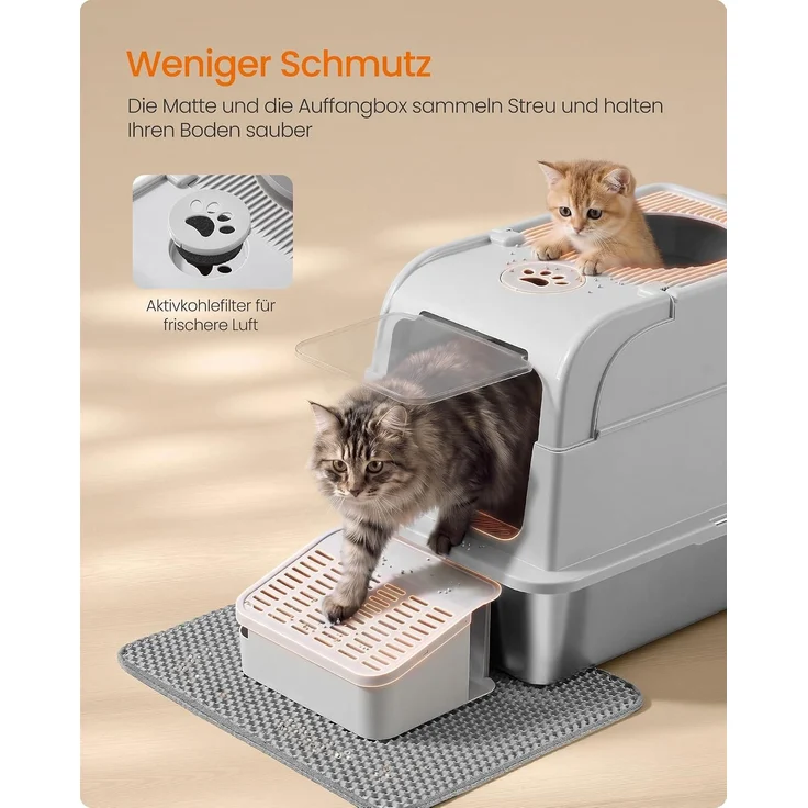 FEANDREA Katzenklo aus Edelstahl, geschlossene Katzentoilette mit Deckel und 2 Eingängen, mit Schaufel und Bürste, hellgrau – Bild 7