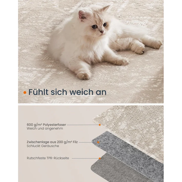Songmics HOME Teppich, 80x150 cm, Wohnzimmerteppich, Rutschfester Teppich, Kurzflor, flauschig, Dekoration, für Wohnzimmer, Schlafzimmer, maschinenwaschbar, Boho-Stil, cappuccinobeige – Bild 3