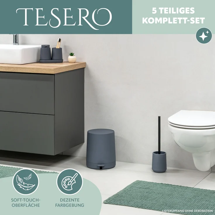 Bad-Accessoires Set TESERO 5tlg. bestehend aus 1x Seifenspender, 1x Becher, 1x Schale, 1x WC-Garnitur, 1x Kosmetikeimer aus Kunststoff in Grau – Bild 2