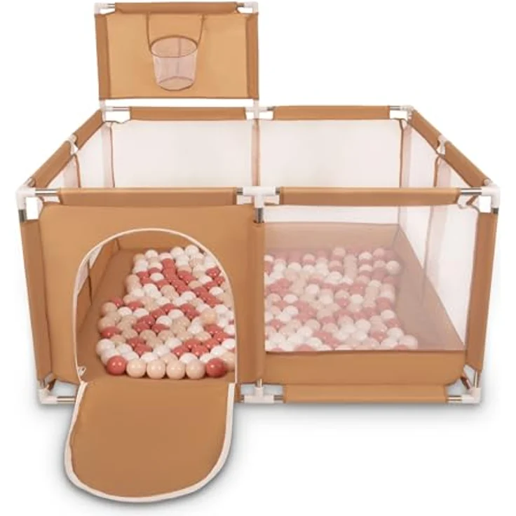 Selonis Laufstall Mit Korb Und 400 Bälle Laufgitter Für Kinder, Beige:Pastellbeige/Lachsfarben/Weiß – Bild 2