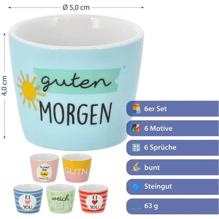 CEPEWA Eierbecher Eierbecher 6er Set 6 Motive Steingut bunt 5x4cm Gute Laune Sprüche – Bild 2