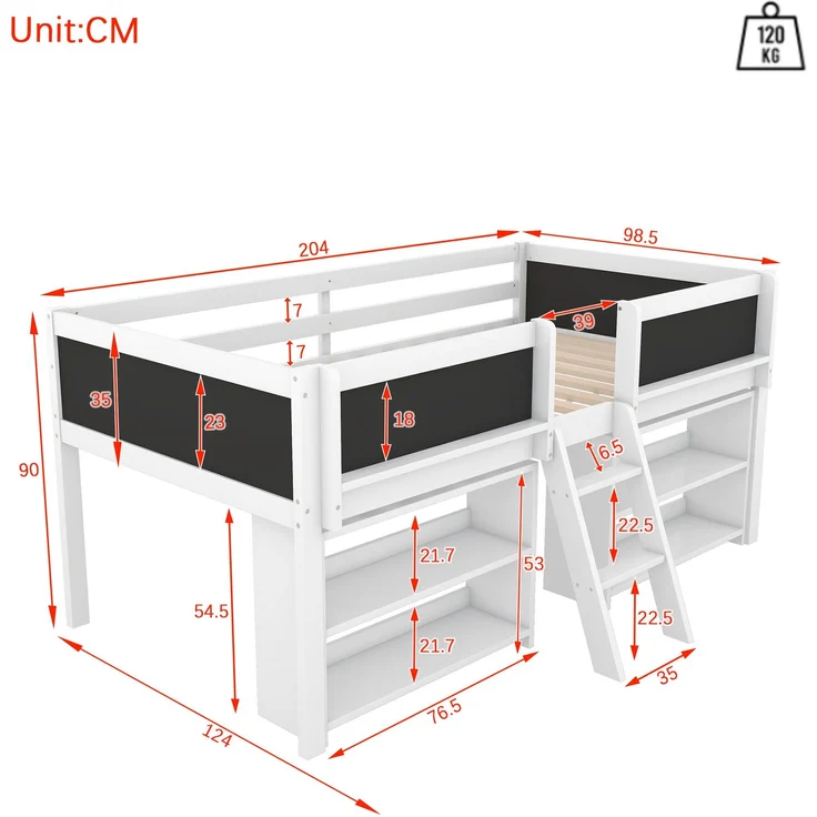 Kinder Halbhohes Bett 90x200 cm mit Aufbewahrungsfächern,Sicherheitsgeländer,stabile Leiter, Zeichentafel,multifunktionales Hochbett – Bild 7