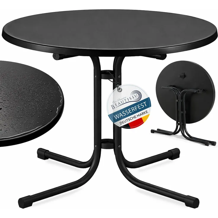 Beautissu Bistrotisch Outdoor Rund Ø 80 cm Wasserfest – Beistelltisch Balkontisch Wetterfest Gartentisch Rund Klappbar 70 cm hoch – Campingtisch Partytisch Esstisch Gastro – Schwarz Bistroni