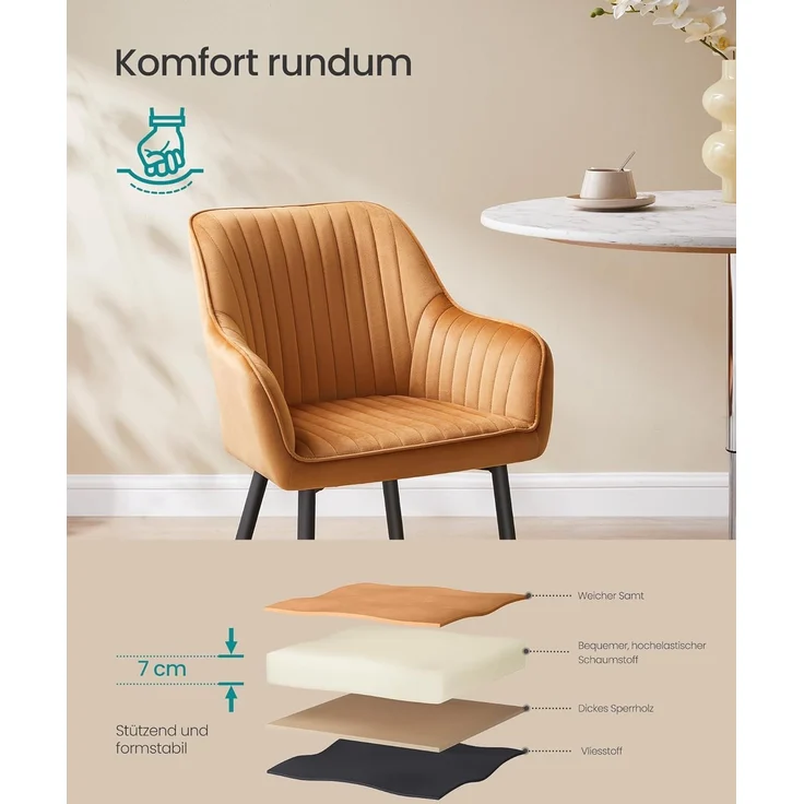 Songmics Esszimmerstuhl mit Armlehnen, 6er Set, Samt, 62,5 x 60 x 85 cm, Karamellbraun – Bild 4