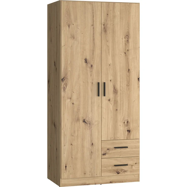 Forte JOAKIM Kleiderschrank 90, Skandi-Stil Schrank, 2-türig, 2 Schubladen, Einlegeböden, Kleiderstange, Holzwerkstoff, Artisan Eiche Holzdekor, 90,8 cm breit x 197 cm hoch x 54 cm tief – Bild 3