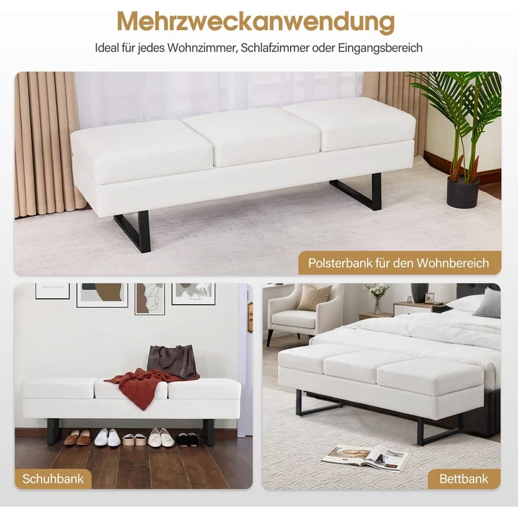 BarberPub 3-Sitzer Sitzbank für Friseursalon, Breite 153 cm, Wartebank Friseur, Polsterbank Schlafzimmer, Bettbank für Wohnzimmer, Schuhbank Flurbank, W513 (Weiß/Kunstleder) – Bild 6