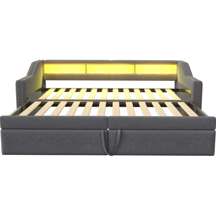 Ausziehbares Schlafsofa 90/180×200 cm mit seitlichen Ablagefächern, USB-Anschluss, Leinenbezug & Lattenrost,Polsterbett,Dunkelgrau – Bild 9