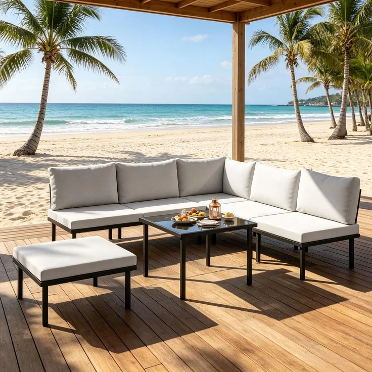 Gartenlounge-Set 6-teilig, modulare Terrassen-Sitzgruppe mit Sofa, 3 Sesseln, Fußhocker, Glastisch und Kissen, Schwarz / Hellgrau – Bild 4