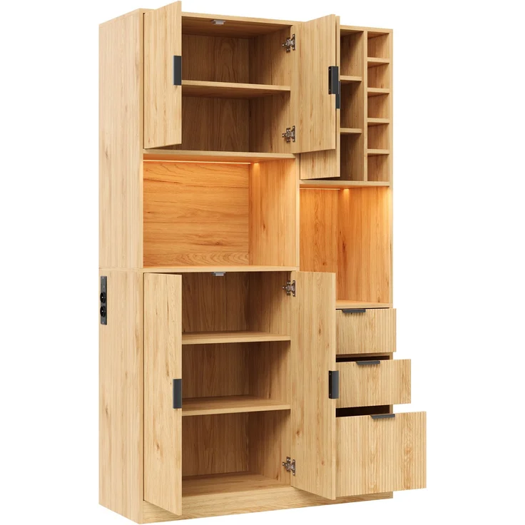 ZUBALIYA Weinschrank 105x40x180 cm, mit LED-Beleuchtung, mit Steckdosen, mit verstellbaren Einlegeböden, aus MDF, Natur – Bild 16